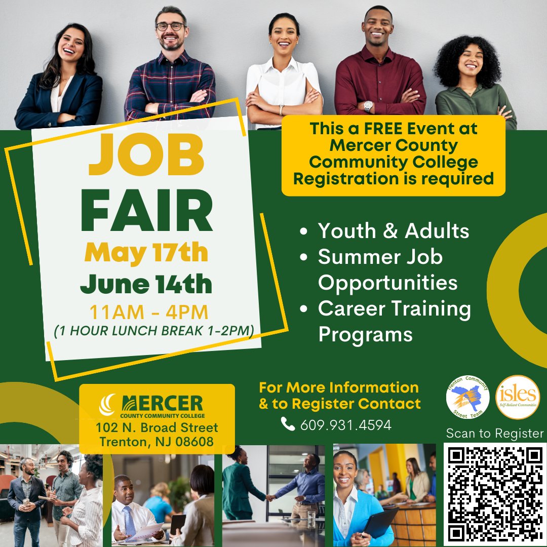 IslesInc's tweet photo. Join the #TrentonCommunityStreetTeams (TCST) on May 17, 2023, 11am-4pm at @MercerCollege  (James Kerney Campus) for part 1 of a 2-part #JobFair. This #freeevent is for youth &amp; adults &amp; will offer #summerjobopportunities, #careertrainingprograms &amp; more. For #moreinfo, 609-931-4594 https://t.co/wrOao6xS0f