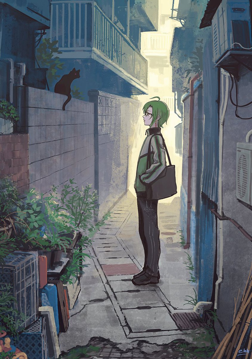 cat green hair alley jacket solo pants outdoors  illustration images