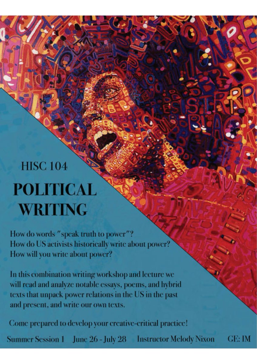 Melody Nixon (@melodyjnixon) on Twitter photo This summer I'm teaching my final course <a href="/ucsc/">UC Santa Cruz</a>, & I'm bringing back a favorite!
Please join me for Political Writing, MW, 130-330 on campus in #SantaCruz. A practical studio course that examines the intersection of creative writing & political theory!
<a href="/ucscArtsDiv/">The UCSC Arts Division</a> <a href="/UCSCsummer/">UCSC Summer Session</a> This summer I'm teaching my final course <a href="/ucsc/">UC Santa Cruz</a>, & I'm bringing back a favorite!
Please join me for Political Writing, MW, 130-330 on campus in #SantaCruz. A practical studio course that examines the intersection of creative writing & political theory!
<a href="/ucscArtsDiv/">The UCSC Arts Division</a> <a href="/UCSCsummer/">UCSC Summer Session</a>
