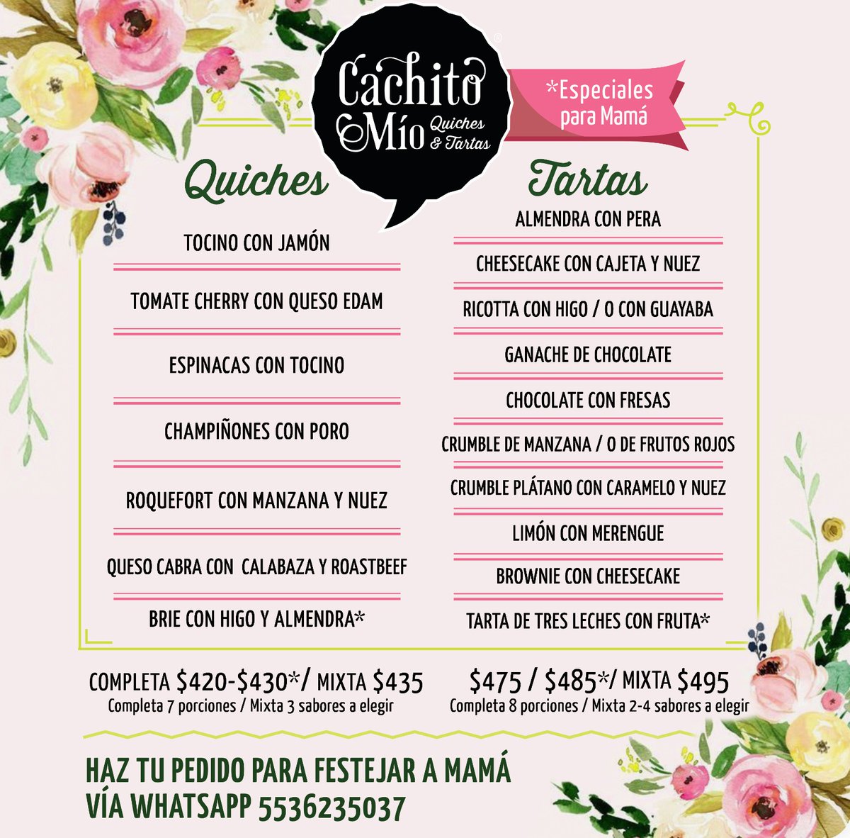 Aquí la lista de los Cachitos para festejar a Mamá, pide los tuyos yaaaa! 💝👩‍👧‍👦🎂🍰🍕👌💫

📲 Puedes agendar desde hoy tu pedido para envío a domicilio el día que vayas a festejarla o venir elegir con ella en nuestra tienda 🚘🛵🌟

#quiches #tartas #paramamá #diadelasmadres