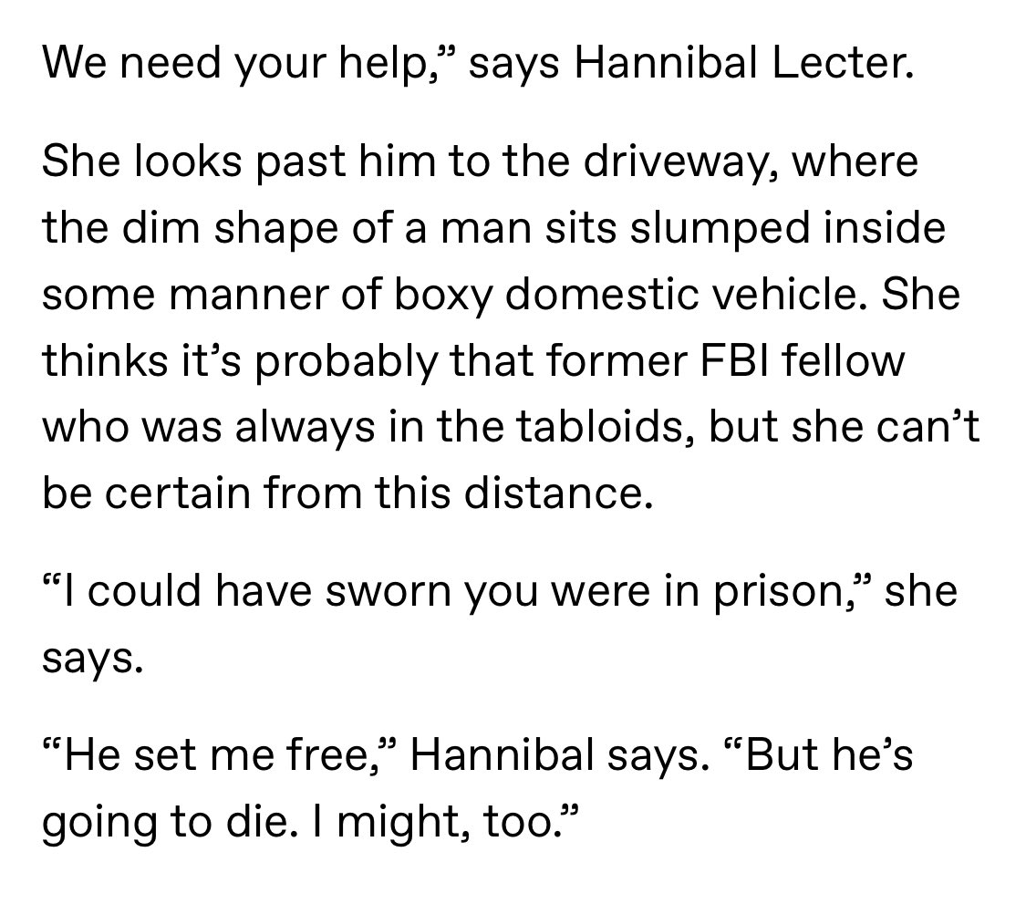 AVegCannibal's tweet photo. One of my favorite things to write is an outsider’s point of view on familiar characters. 

This is from A Capacity for Surprise, in which Mrs. Komeda helps Hannibal and Will. https://t.co/UA5MnR2Af0 https://t.co/IoWOr58GEI