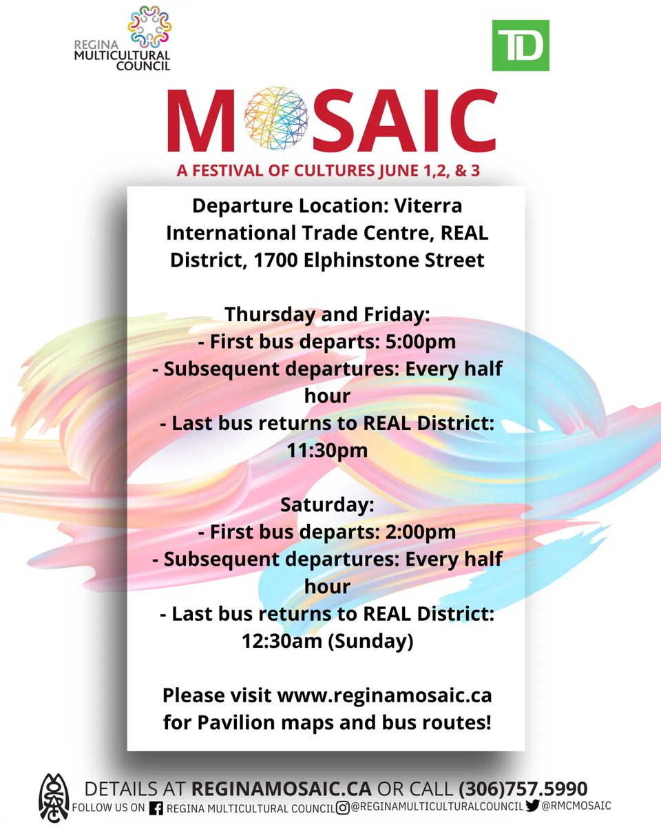 Need bus transportation info for Mosaic cultural event? Visit reginamosaic.ca for pavilion maps and bus route details. Plan your visit and join the excitement!