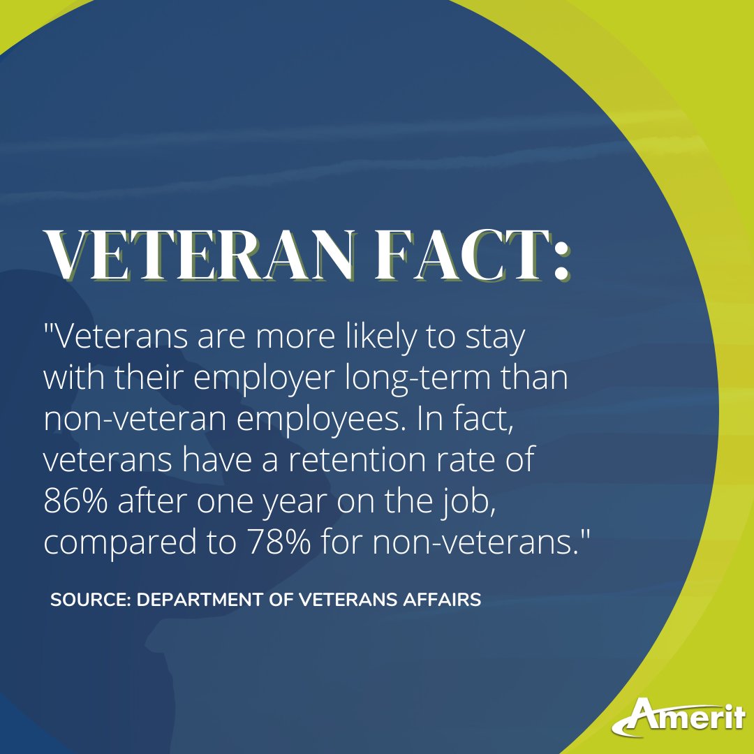 Did you know that veterans have a retention rate of 86% after one year on the job, compared to 78% for non-veterans? That's just one of the many reasons why hiring veterans is a smart business decision. 
.
#hiringveterans