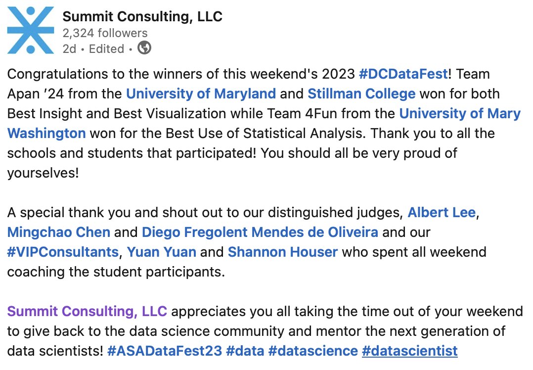 APAN_UMD's tweet image. Congratulations to Tony! A student in our first year cohort! Tony competed in #DCdatafest. His team engineered a dashboard mapping out the demand on Pro Bono legal services for the American Bar Association across time, with future projections. 

#ASADatafest23 #Data #Datascience