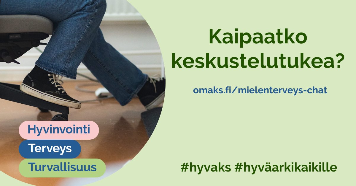 Kaipaatko lyhytkestoista, 1–3 kerran keskustelutukea mielenterveytesi tueksi? Tule juttelemaan rohkeasti #mielenterveys-chattiimme! Ammattilaisemme palvelevat osoitteessa omaks.fi/mielenterveys-… arkisin klo 8.30–15.30 #hyvaks