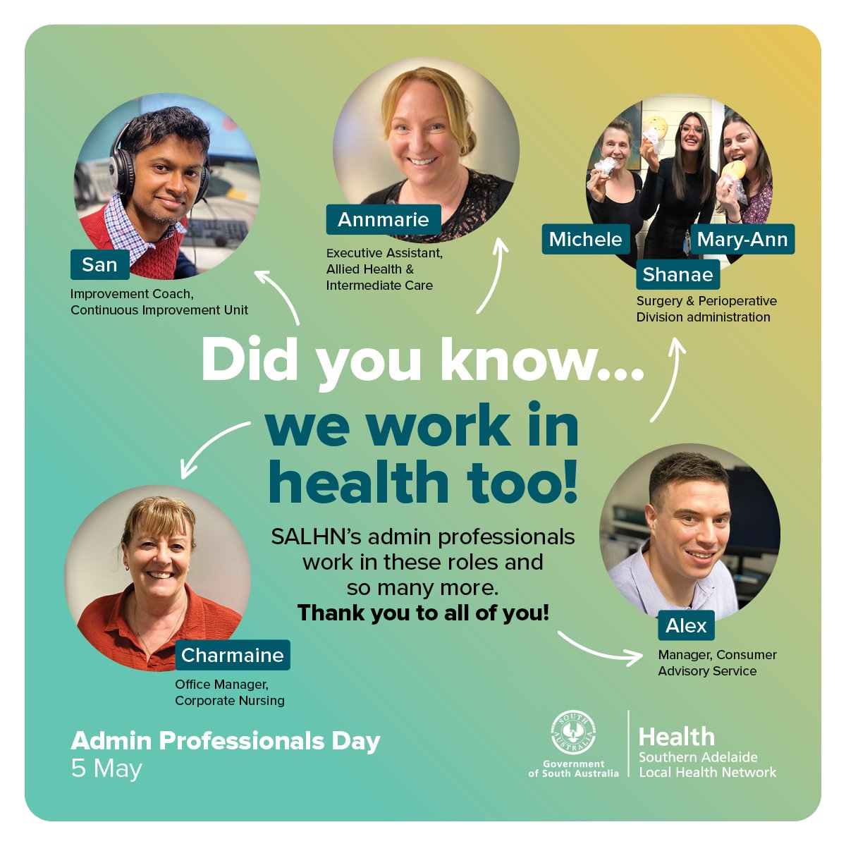 SouthernAdlLHN's tweet photo. Thank you to our incredible administrative staff at SALHN.
We recognise the important contributions administrative professionals make each year, working hard to keep our workplace running smoothly.
Thank you for all that you do!
#adminprofday https://t.co/WmxltsZEkg
