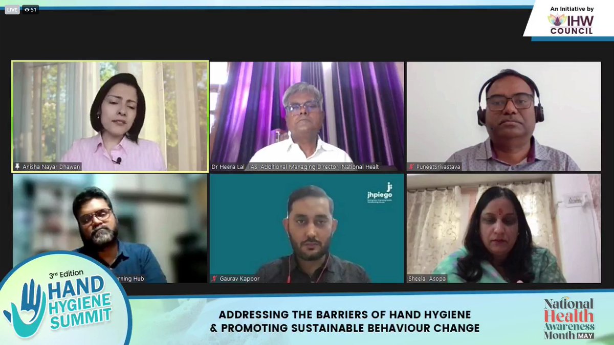 IHWCouncil's tweet photo. #HandHygieneSummit PANEL DISCUSSION : Addressing the Barriers of Hand Hygiene & Promoting Sustainable Behaviour Change
Moderated by Ms. @AnishaNDhawan, Media & Communication Specialist
Dignitaries in this session:
Dr. @heeralalias, Additional Mission Director, @NHPINDIA, Govt. of Uttar Pradesh
Dr. N.B Mazumdar, Chairman, International Academy of Environmental Sanitation and Public Health, New Delhi
Mr. @weareraman, National Convenor, @phrsindia
Mr. @puneet_ku, Urban WASH Advisor (Utilities), @WaterAidUK
Ms @SheelaAsopa, Principal, Government Sr. Sec. School Dhawa, Jodhpur
Dr. Gaurav Kapoor, Senior Monitoring and Evaluation Officer, @Jhpiego
Watch LIVE - https://t.co/pf22nzq7tD
#WorldHandHygieneDay #CleanHands #infectionprevention #HandHygiene #MayForHealth #NationalHealthAwarenessMonth