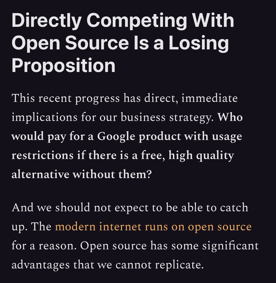 I ett internt brev hos Google oroar  man sig för att det kommer bli den öppna världen som kommer vinna AI racet. Dvs all öppen källkod som rör sig snabbare och blir bättre än alla stängda AI. Det är väldigt hoppfullt för Europas del. 🧵
