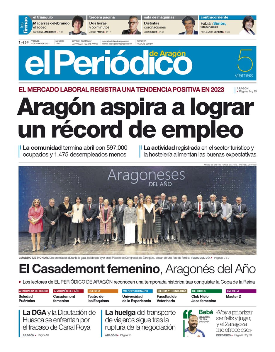 periodicoaragon's tweet photo. 📰 ¡Buenos días! Portada de la edición impresa de hoy, viernes 5 de mayo. Puedes seguir toda la actualidad informativa en nuestra página web. https://t.co/SVMj4yJ4AC https://t.co/66SXyLO8q5