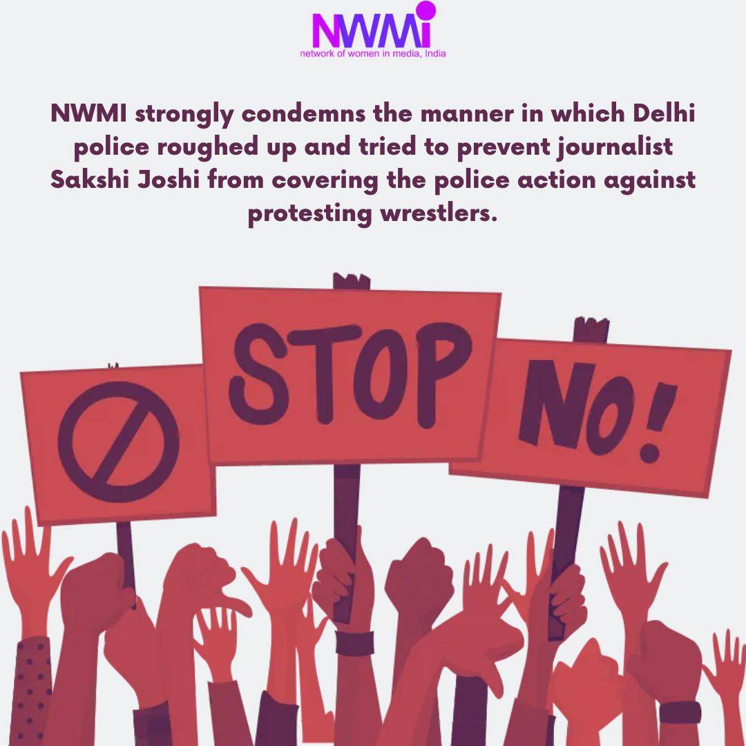 Network of Women in Media India (NWMI) strongly condemns the manner in which <a href="/DelhiPolice/">Delhi Police</a> roughed up and tried to prevent journalist <a href="/sakshijoshii/">Sakshi Joshi</a> from covering the police action against protesting wrestlers in Jantar Mantar, Delhi, on the night of Wednesday, May 3. (1/n)