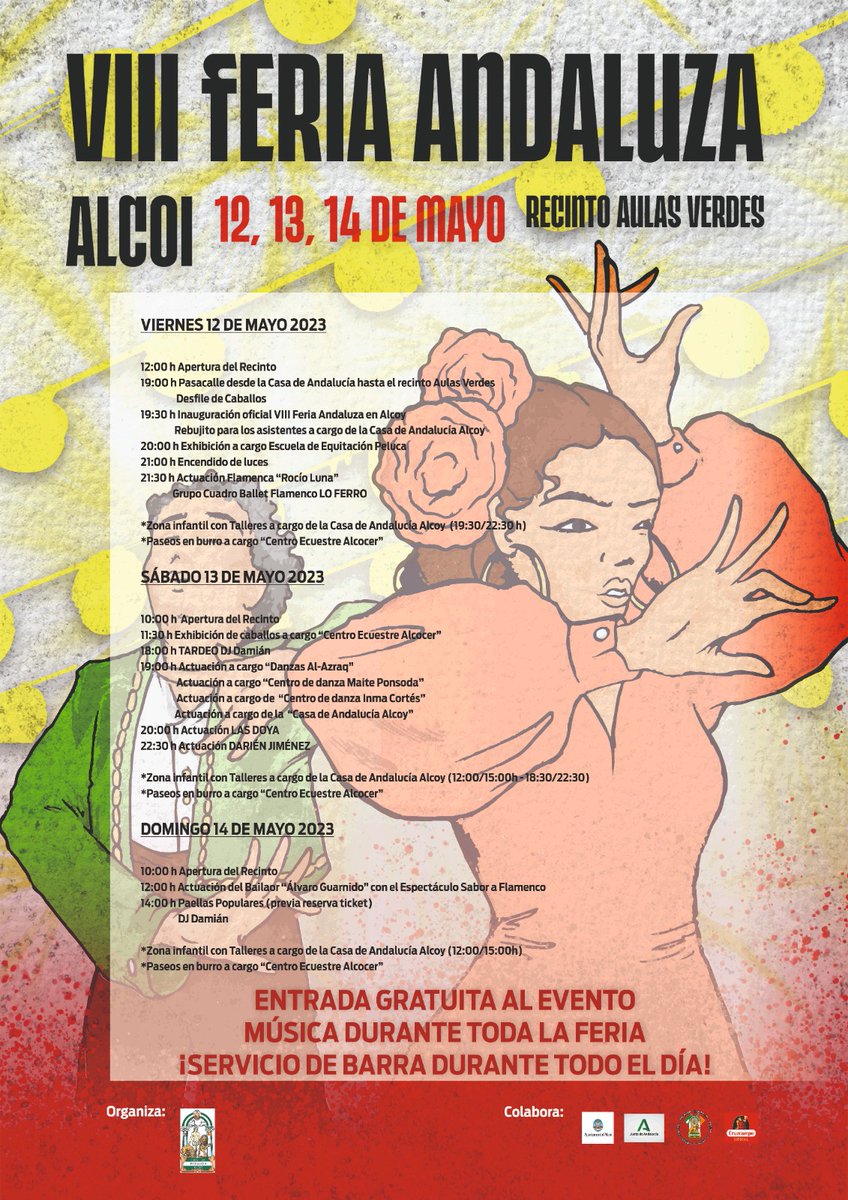 AlcoiFestes's tweet photo. Programació de  la ‘VIII FERIA ANDALUZA’ d’Alcoi, del 12 al 14 de maig de 2023

El lloc de realització de la pròxima fira andalusa, al Recinte de les Aules Verdes (Av. Hispanitat). https://t.co/Joj7KZcOAw