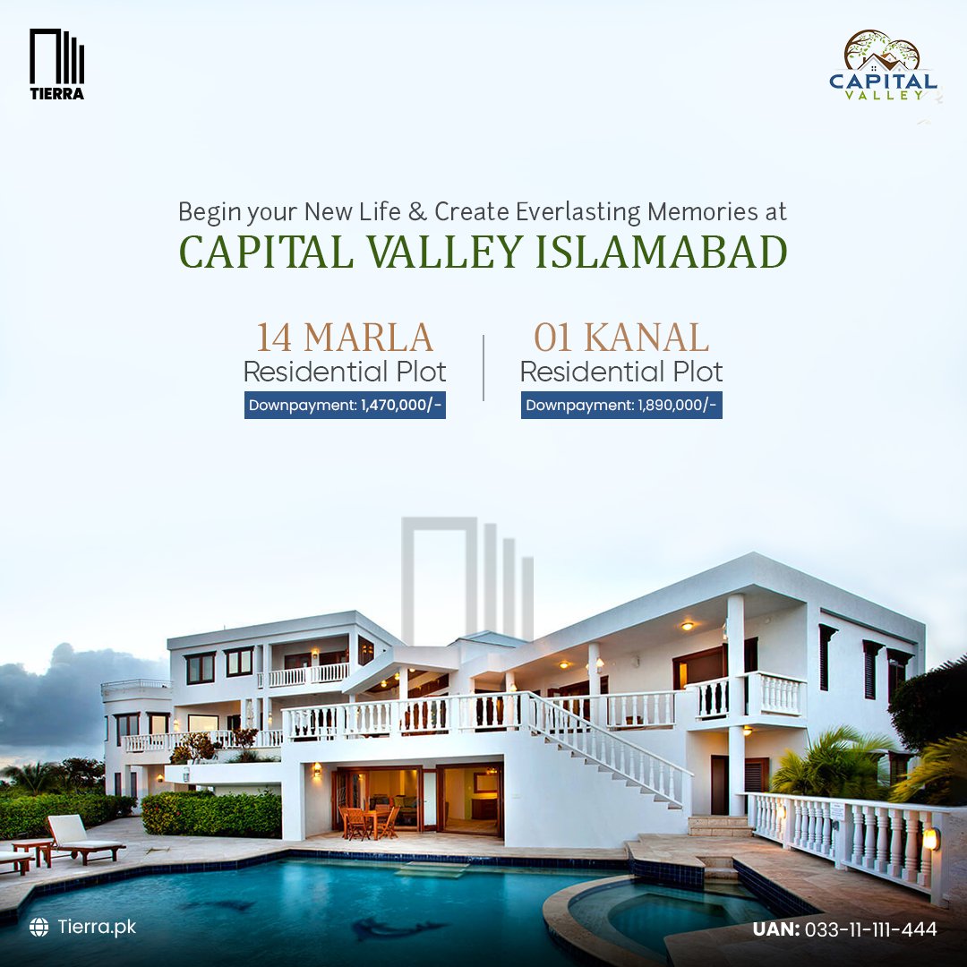 tierraassociate's tweet image. Experience modern living at its finest with Capital Valley – a thoughtfully designed community that caters to your needs. With 14 Marla and 01 Kanal plots available and a convenient payment plan.

#CapitalValley #RealEstate #ModernLiving  #14Marla #1Kanal #TierraAssociates #plots