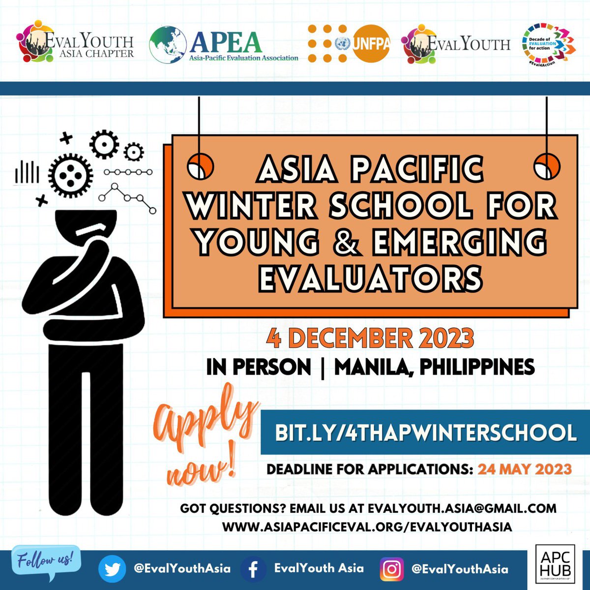 Heads up, aspiring evaluators!

The application for the 4th Asia Pacific Winter School for #YEEs is now open. 

And yes, we’re doing it in-person on 4 December in Manila, Philippines! @evalyouthasia 

Application link: bit.ly/4thAPWinterSch…

#APCHub #Eval4Action #APWS23