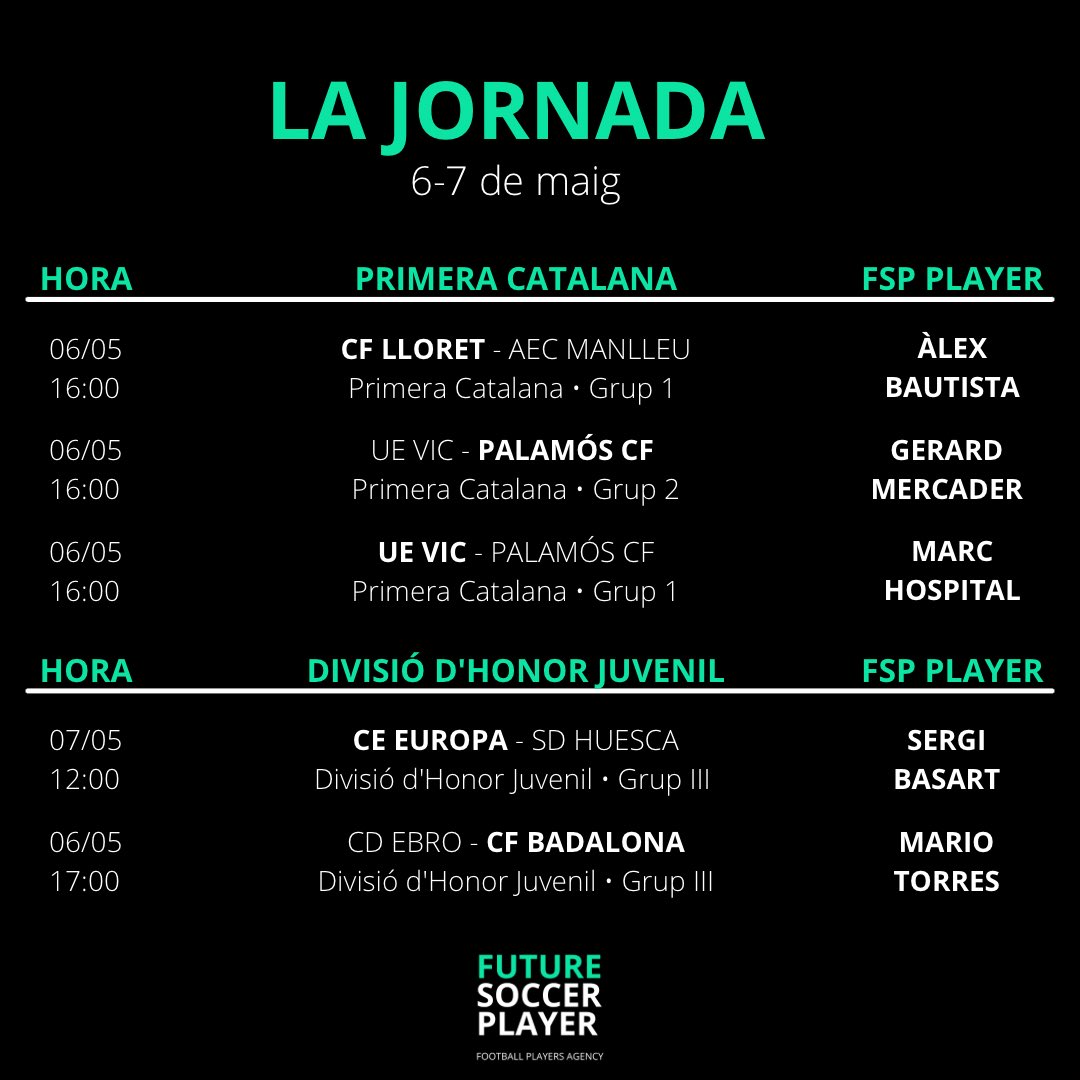 fsp_management's tweet photo. Els partits dels nostres jugadors d’aquest cap de setmana. Molta sort a tots! 💪🏼 #WeAreFSP https://t.co/kTxAm9d7yQ