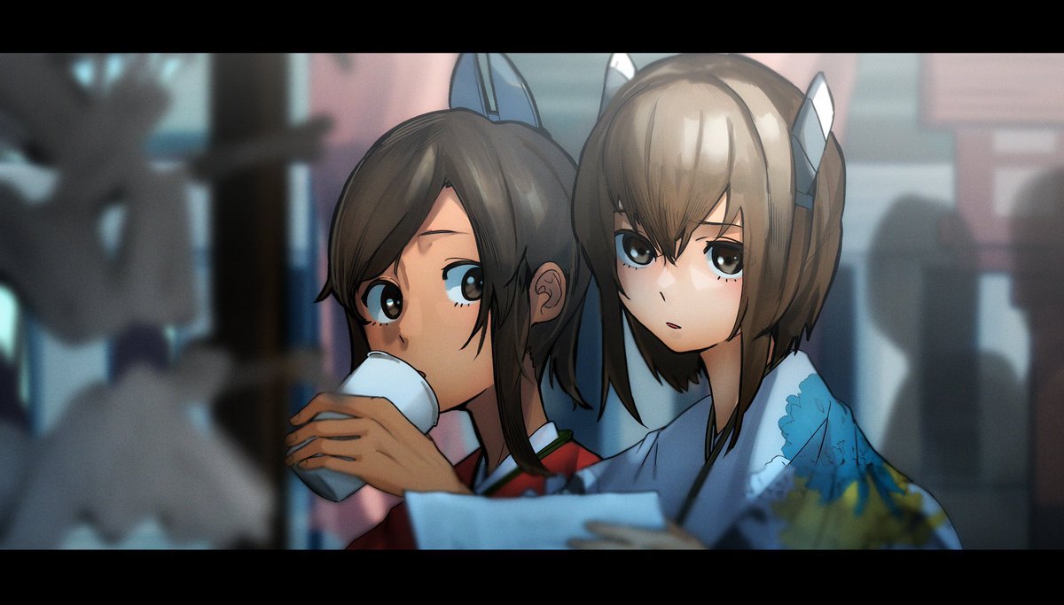 i-401 (kancolle) ,taihou (kancolle) multiple girls brown hair 2girls japanese clothes brown eyes kimono letterboxed  illustration images
