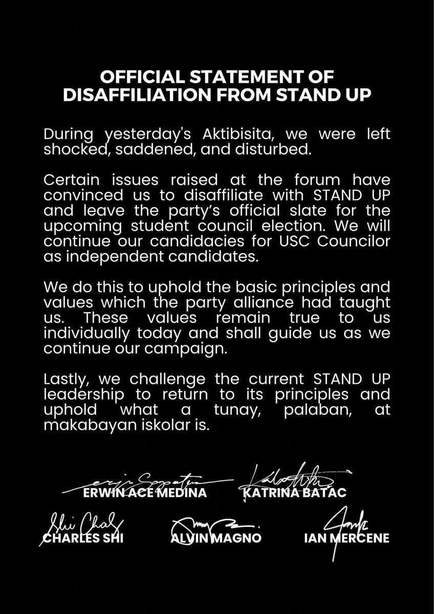tinigngplaridel's tweet photo. LOOK: University Student Council candidates for councilorship have disaffiliated from STAND UP, their political party.

Candidates Erwin Ace Medina, Katrina Batac, Charles Shi, Alvin Magno and Ian Mercene publicized their decision through a statement. https://t.co/lcW7RWmBUC
