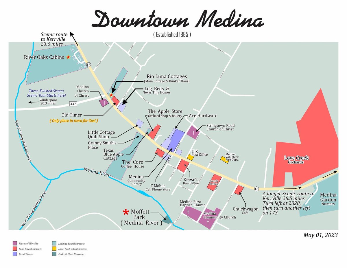 Here’s a map of Medina, Texas showing local businesses, churches and places of interest. #medinatexas #texashillcountry #threesistersloop #txbedandbreakfasts #hwy16tx
#riolunacottages #riveroakscabins