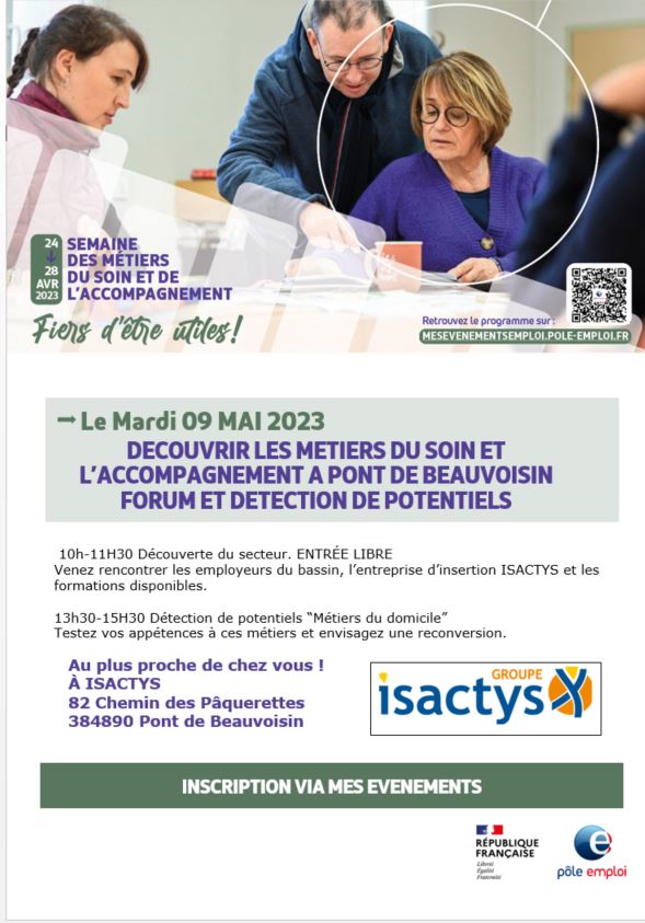 [#TousMobilisés] pour les #métiers du soin et de l'accompagnement

L'agence @poleemploi_ara #Chambéry et #Isactys organisent une journée dans l'Avant Pays Savoyard le 9 mai

Le matin : rencontre entreprises, ℹ️ #formation 
L'après-midi : détection de potentiel

#OnEstLàPourVous