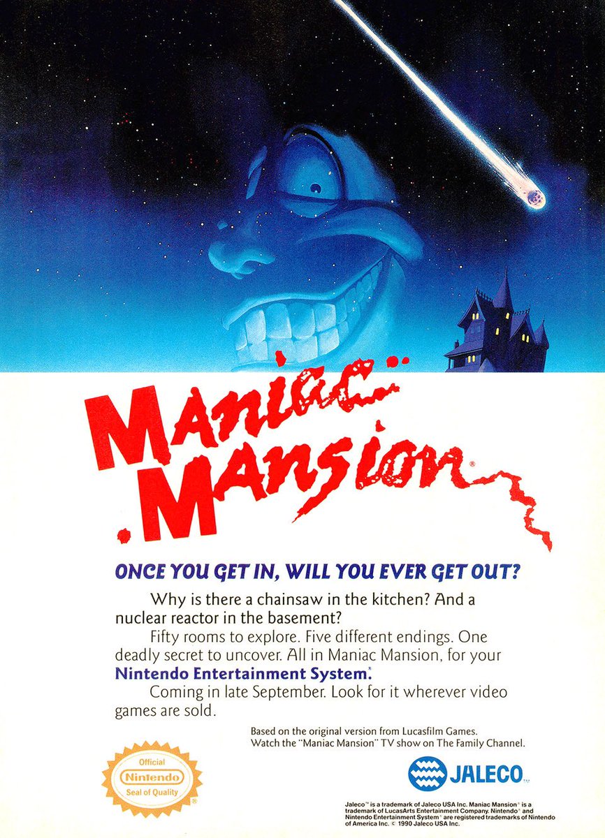 Trush_lsg's tweet photo. MANIAC MANSION
Jaleco
NES
1990
#NES #Nintendo #jaleco #mansion #clickandpoint #retro #retrogames #RETROGAMING https://t.co/JA1IffF1Y5