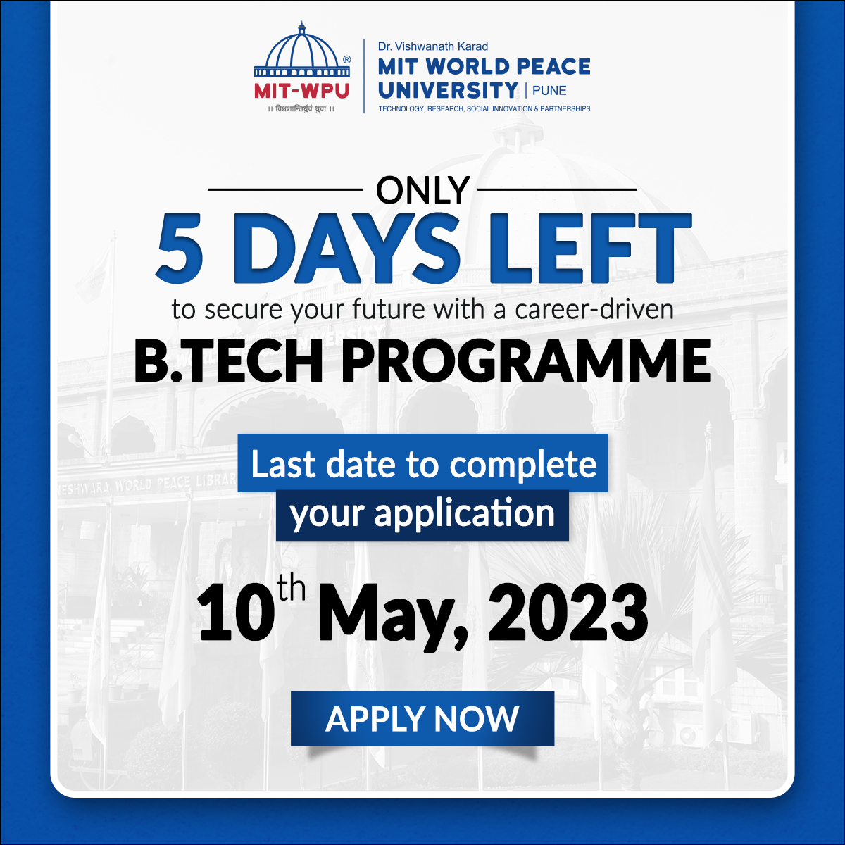 vidyavision_com's tweet photo. Only 5 Days Left to Secure Your Future With a Career Driven https://t.co/75bWtDbXyb Programme.

Last date to complete your application 10th May 2023

Apply Now - https://t.co/OkZvqMtEhm

#mitwpu #mitwpuadmission #btechadmission #Admissionopen #mituniversity #btech https://t.co/bDkSCPWfzB