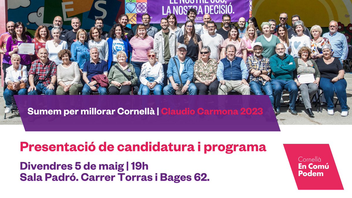 CatComuCornella's tweet photo. 📢 Aquesta tarda!

🎙️ Presentació de candidatura i programa
"Sumem per millorar Cornellà"

📌 A les 19h, Sala Padró (Carrer Torras i Bages 62). https://t.co/5wWT5BrhyS