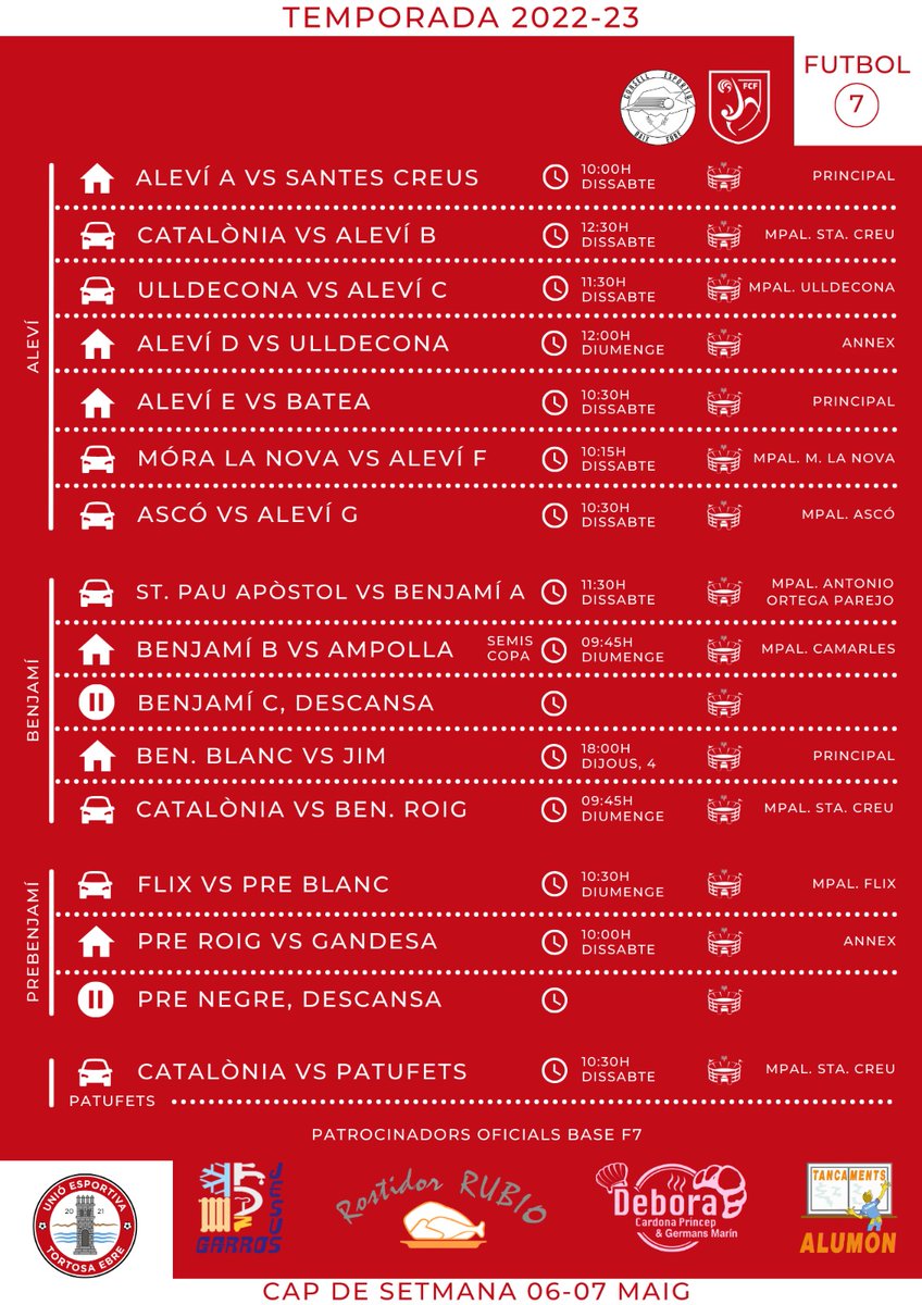 ⚽️ 📆 Calendari de partits per al cap de setmana.
MOLTA SORT A TOTS! 💪🏻🔴⚪⚫
#ueteamateur #3cat1 #uetebase #Formacio #FCF #ConsellEsportiuBaixEbre #Tortosa #TerresdelEbre