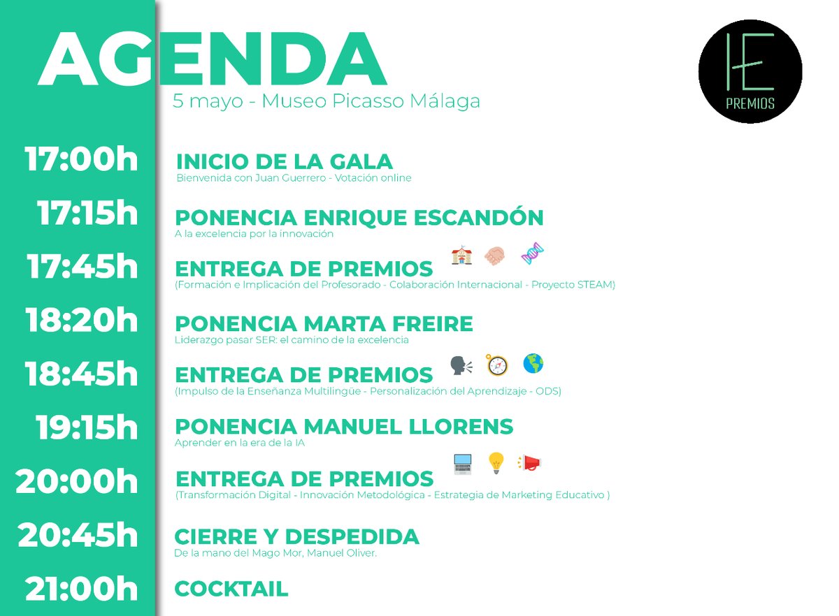 😍 ¡Hoy es el gran día! Esta es la agenda de los V Premios de Innovación Educativa. Nos vemos a las 17:00h en el Museo Picasso de Málaga (<a href="/mPICASSOm/">Museo Picasso Málaga</a>).

👏 ¡Qué ganas! 👏

#PremiosIE23