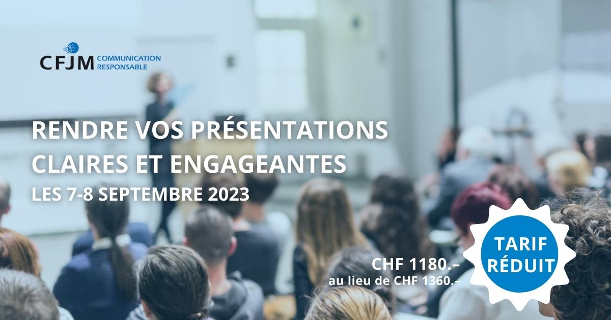 Découvrez les bonnes pratiques du design graphique avec notre Masterclass "Rendre ses présentations claires et engageantes"!
🤩Jusqu'au 17 mai, notre Masterclass est au prix imbattable de CHF 1180.- au lieu de CHF 1360.-! 🤩
Inscrivez-vous 👉cfjm.ch/produit/rendre…