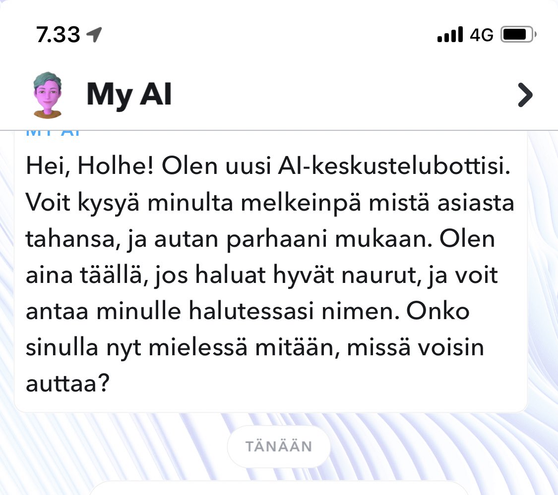 Holmahe's tweet photo. #SnapchatAI auttaa ja antaa hyvät naurut. https://t.co/JWOk8h3Pkg
