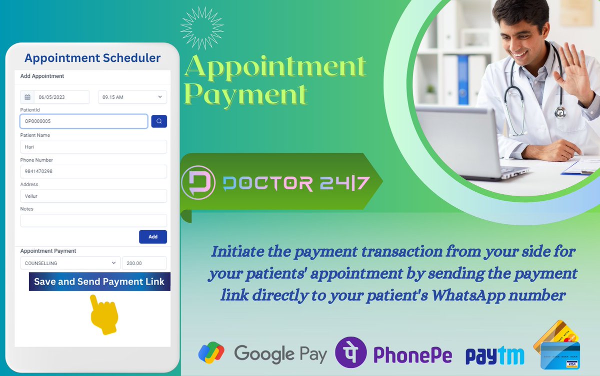 Easy payment option initiated by Doctor/staff for Doctor 24By7's patient appointment system

#Doctor24By7 #AppointmentSystem #easypayments #PaymentLinks