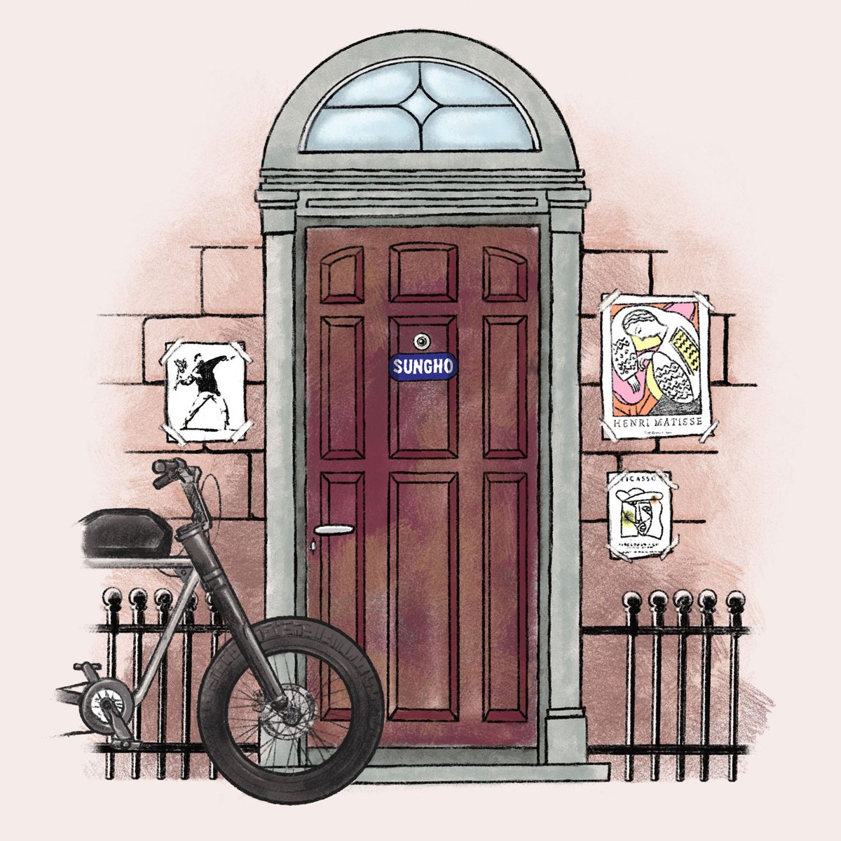BOYNEXTDOOR_GL's tweet photo. At #Sungho's door, there is a painting called 'Rage Flower Thrower,' Banksy's famous work that symbolizes peace and hope for the ongoing war in Palestine. 

(+) https://t.co/uCqQiIj2Sr
