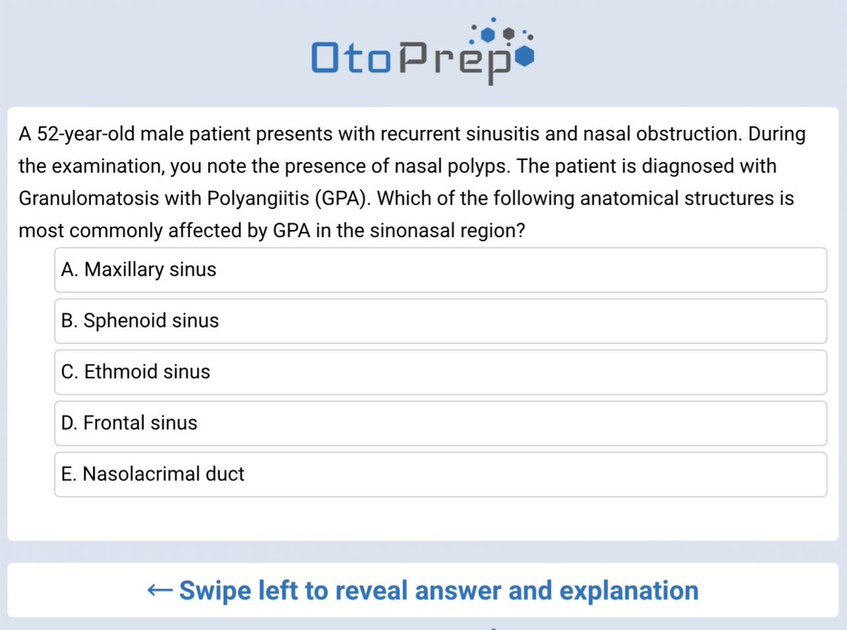 👨‍⚕️ #OtoPrepQOTD: What structure is most commonly affected by GPA?👩‍⚕️ Ace your ENT exams & level up your knowledge with OtoPrep!
#ENTExam #Otolaryngology #ENTMCQs #ABOto #AOBOO #ABOHNS #EBEORLHNS #FRCSORLHNS #FRCSENT #ClinicalPractice #NasalPolyps #OtoPrep #MedTwitter