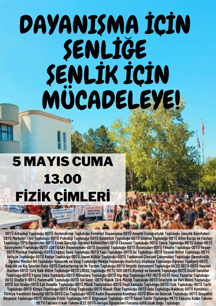 ODTÜ Bileşenleri olarak şenliğimizi kazanmak için mücadeleye devam ediyoruz. Bugün saat 13.00'de yasaklara ve baskılara karşı bir arada olduğumuzu göstermek ve mücadeleyi büyütmek için fizik çimlerindeyiz!

#ODTÜŞenlikİçinBirlikte