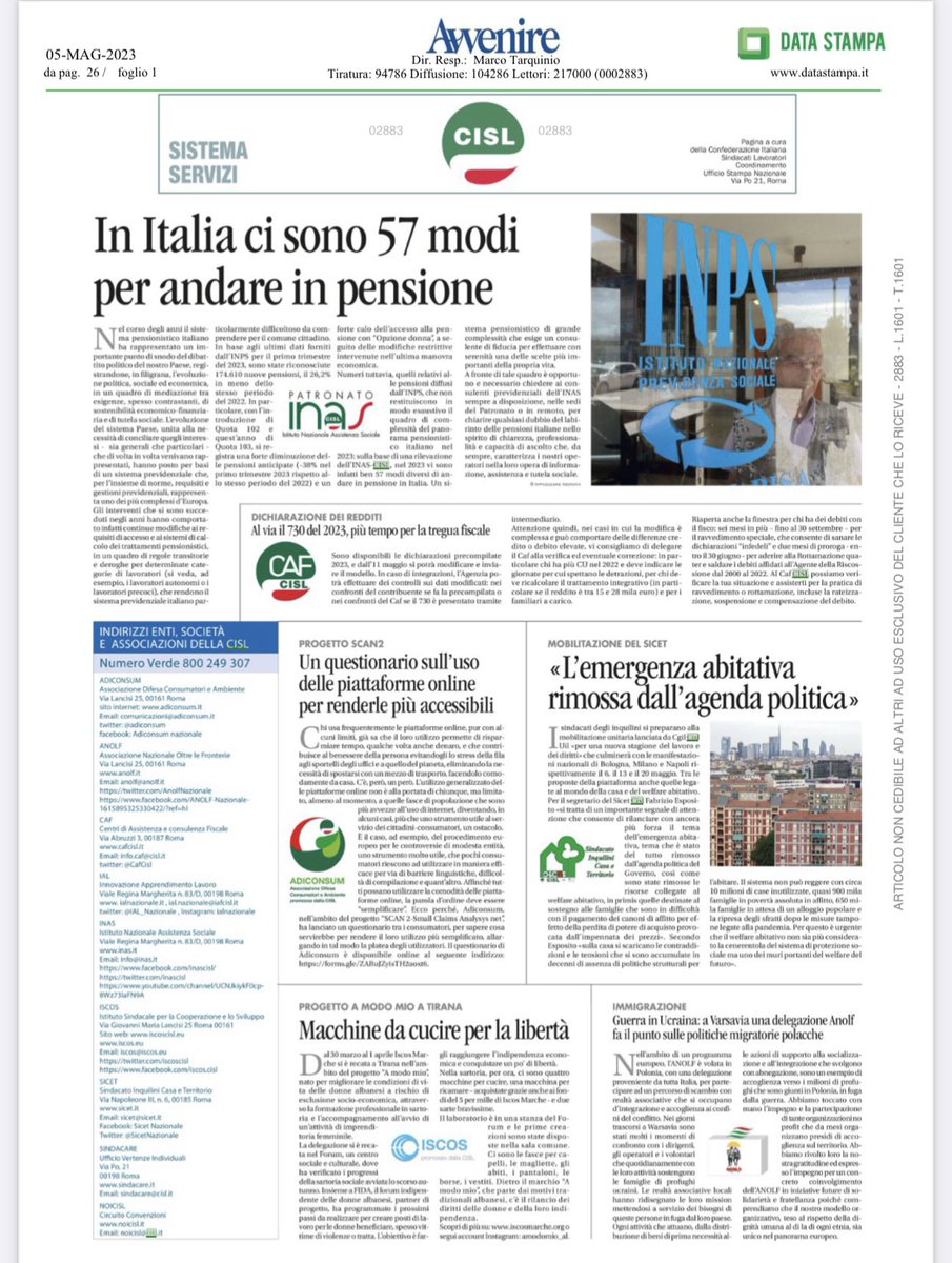 CislNazionale's tweet photo. 🗞Al via il #73O 2023, più tempo per la tregua fiscale; tutto sul labirinto #pensioni e su come semplificare l'uso delle piattaforme online; casa; politiche dell'accoglienza e dell'integrazione: leggi la pagina dei servizi #Cisl su @Avvenire_Nei di oggi #5maggio https://t.co/q2zTpmA6mk