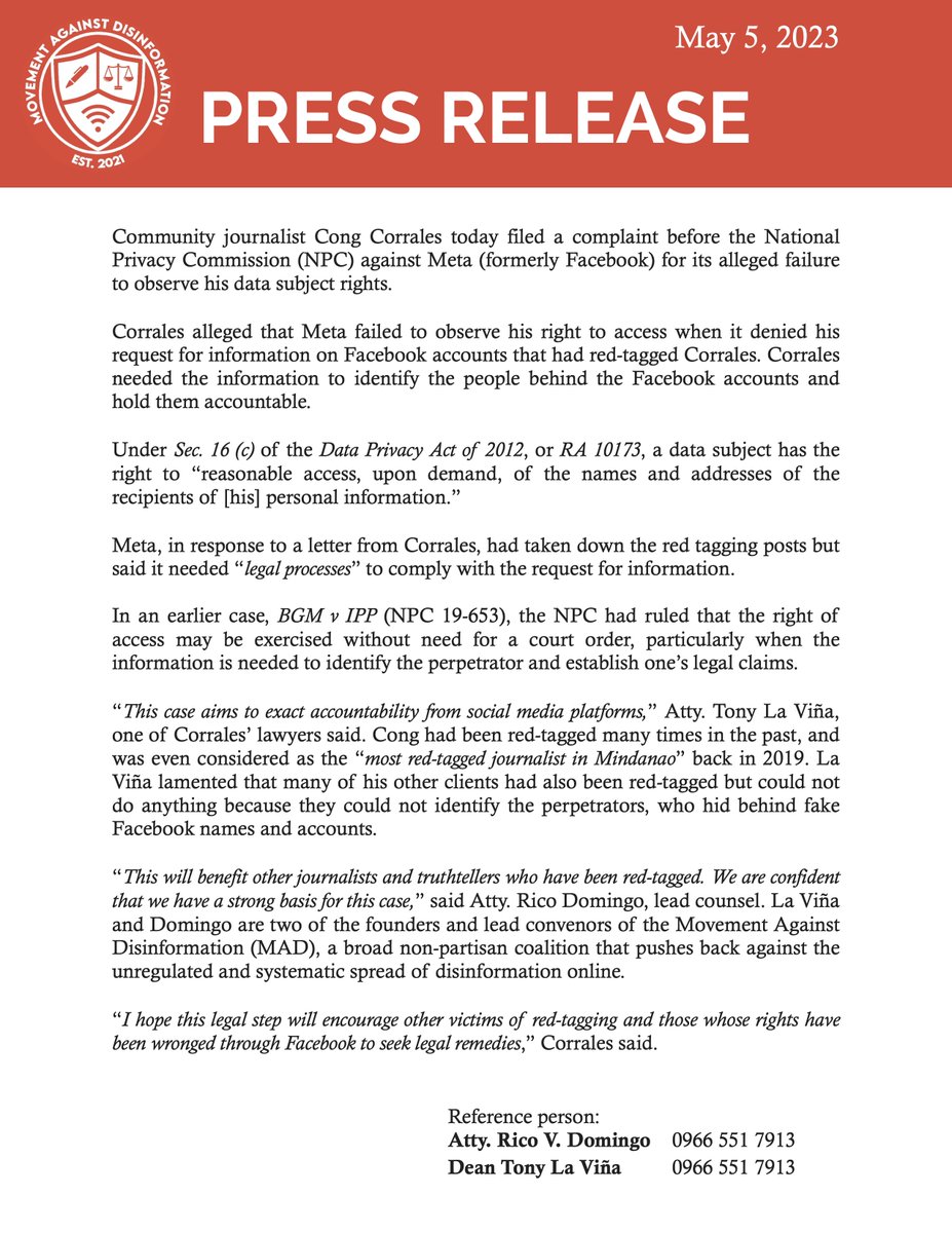 PhilippinesMAD's tweet photo. Community journalist Cong Corrales today filed a complaint before the National Privacy Commission (NPC) against Meta (formerly Facebook) for its alleged failure to observe his data subject rights. https://t.co/VaQRY4q2gt