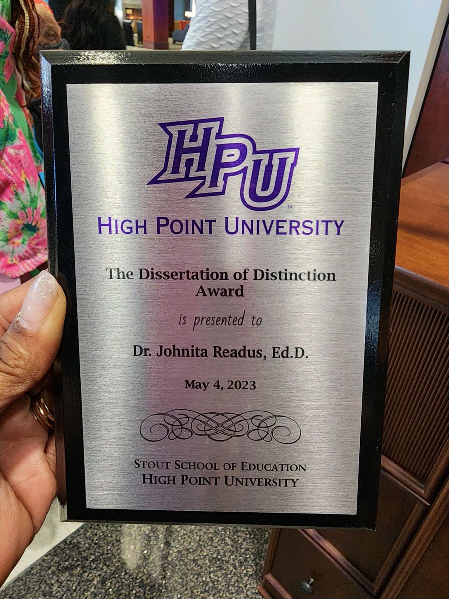 DrTawannahAllen's tweet photo. Want 2 see what excellence looks like? See ๐๐ผ. โฆ@JohnitaReadusโฉ awarded Dissertation of Distinction tonight โฆ@HighPointUโฉ. As her Chair, Iโm so proud of her. And so are โฆ@GCSchoolsNCโฉ & โฆ@BlufordStemโฉ! Kudos Dr. Readus! #UDIDIT โค๏ธ๐๐ผ๐ https://t.co/EHQKur61bm