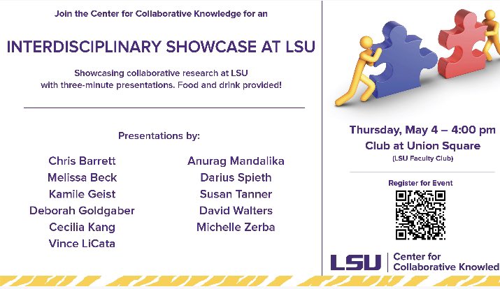 PREAUX_FISH's tweet photo. I really love being part of the @LSU_CCK - I helped put together the Interdisciplinary Showcase today showing off cross-departmental projects from across @LSU dealing with everything from music to physics, and from ethics and law, to biology and geology https://t.co/ncdryf1Pcc