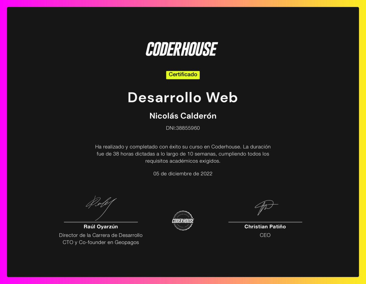 nicoocalderonok's tweet image. Hoy logré mi certificación en React JS de la mano de @coderhouse y de esta manera concluyó la primera mitad de mi carrera con estos tres títulos que pronto enmarcaré en la pared de mi estudio. #coderhouse #FrontEndDeveloper #CodeArg