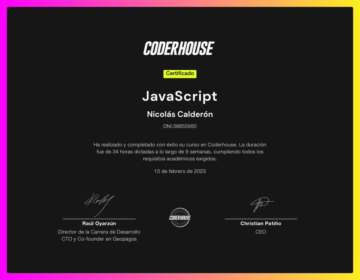 nicoocalderonok's tweet image. Hoy logré mi certificación en React JS de la mano de @coderhouse y de esta manera concluyó la primera mitad de mi carrera con estos tres títulos que pronto enmarcaré en la pared de mi estudio. #coderhouse #FrontEndDeveloper #CodeArg