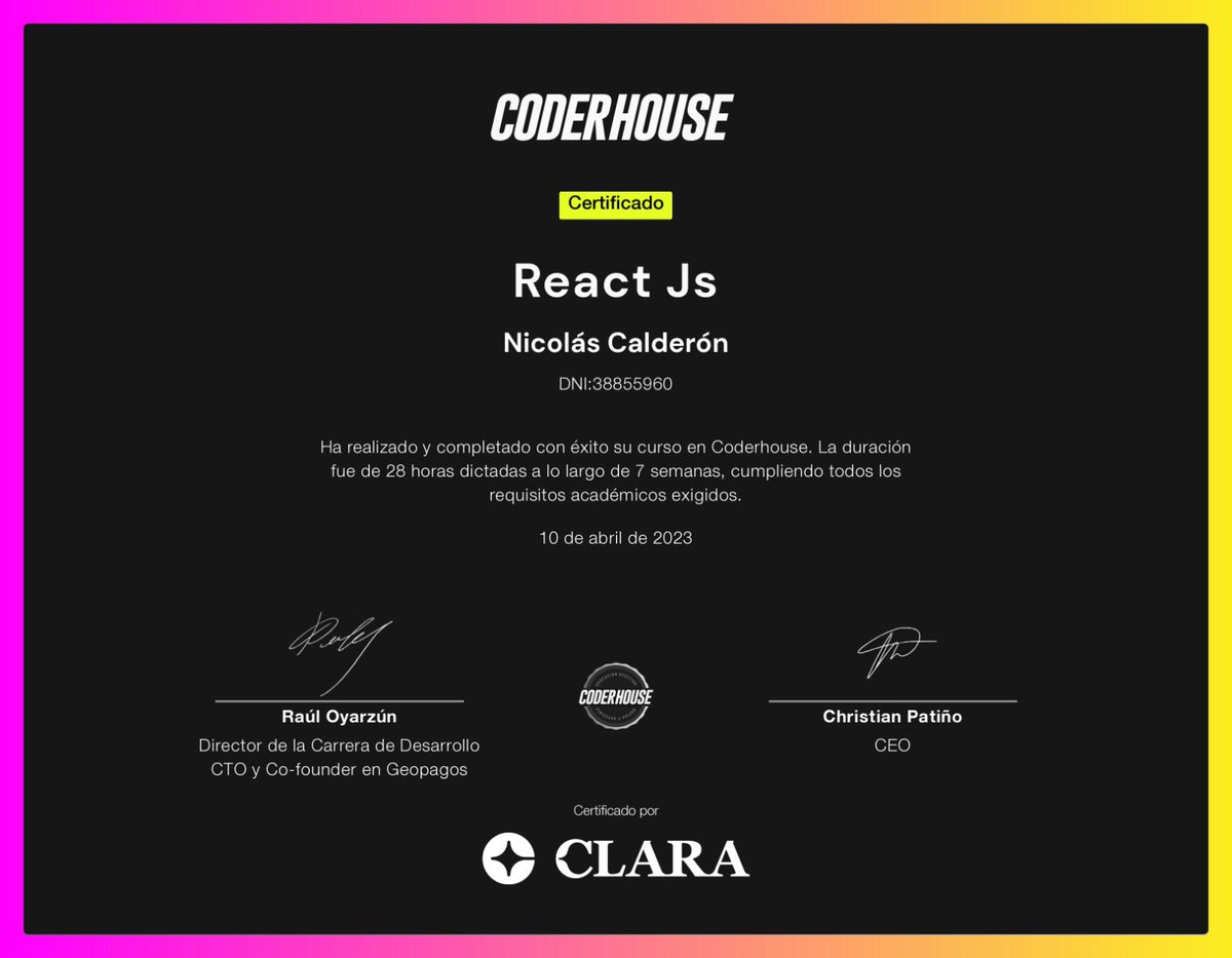 nicoocalderonok's tweet image. Hoy logré mi certificación en React JS de la mano de @coderhouse y de esta manera concluyó la primera mitad de mi carrera con estos tres títulos que pronto enmarcaré en la pared de mi estudio. #coderhouse #FrontEndDeveloper #CodeArg