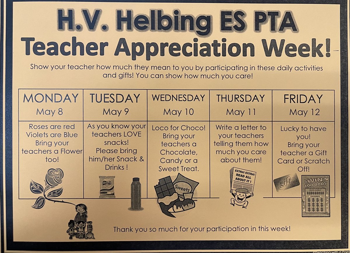 HelbingFWISD's tweet photo. Parents and Guardians here is the flyer that went home with your student today. Teacher appreciation is 05/08-05/12. https://t.co/c3Qy8oTwX2