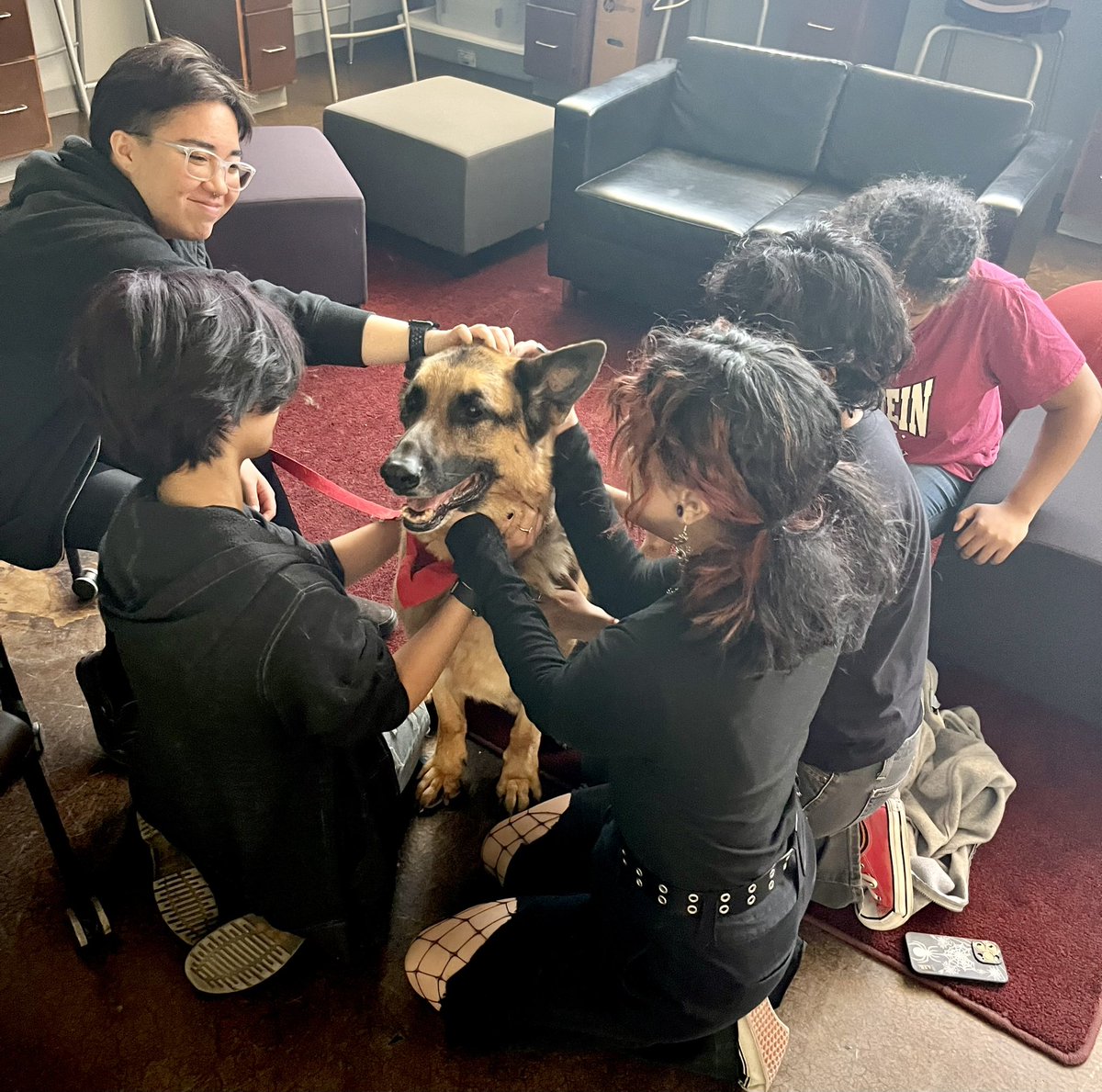 AndressLibrary's tweet photo. Rebel, our amazing therapy dog, assisted a little differently this visit, helping students de-stress after STAAR testing these past few weeks. ❤️ The students’ smiles…🥹@cisco_romero43 @MsKmross @MrsChristyVigil @MrSifuentes555 https://t.co/ypJcCIrH2T