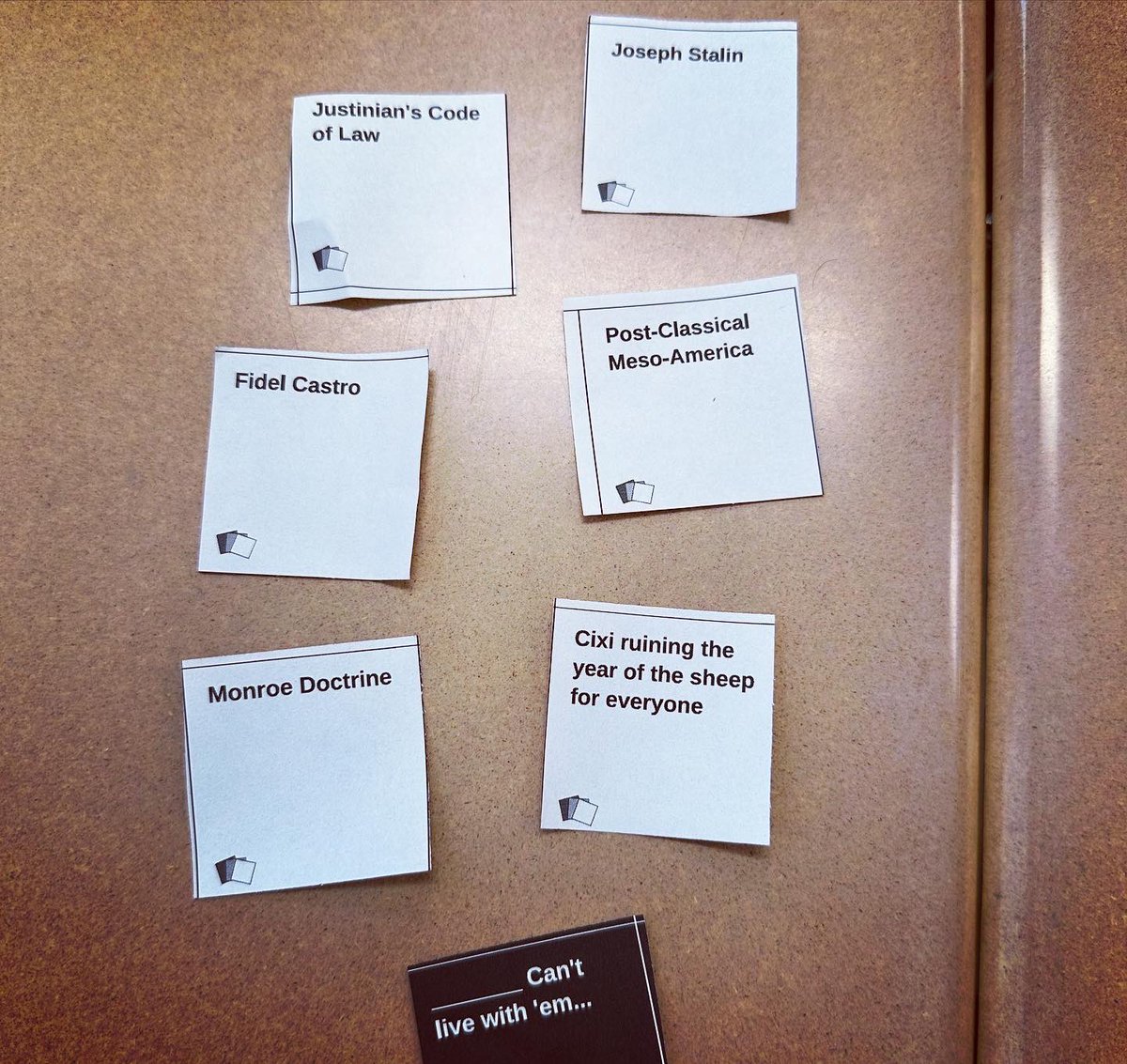 DuffNation_edu's tweet photo. Fun alert!!! #APWH220 played Cards Against World History to practice key terms for next week’s @CollegeBoard AP exam! #bsd220 #freshmenfun #bhssocialstudies https://t.co/VEbbObS6Sw
