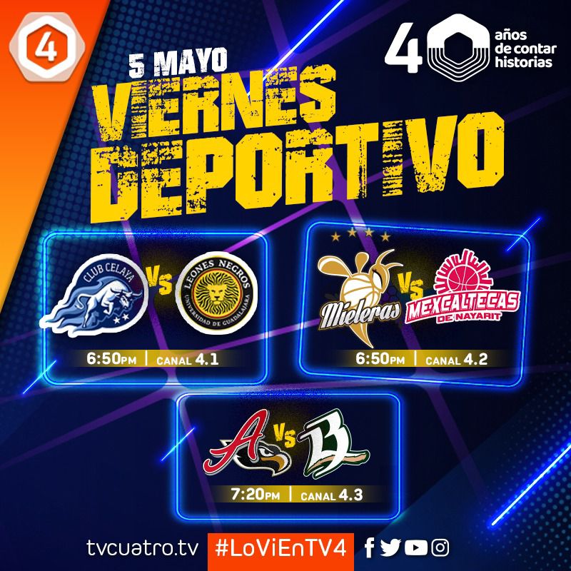 💥VIERNES DEPORTIVO | Solo por TV4 ⚽️@TorosCelayaCD vs Leones Negros 🏀@MielerasGto vs Mexcaltecas ⚾️Águila de Veracruz vs @NacimosBravos ¡Queremos campeones a los equipos de casa! 🎉 🔴EN VIVO #LoViEnTV4