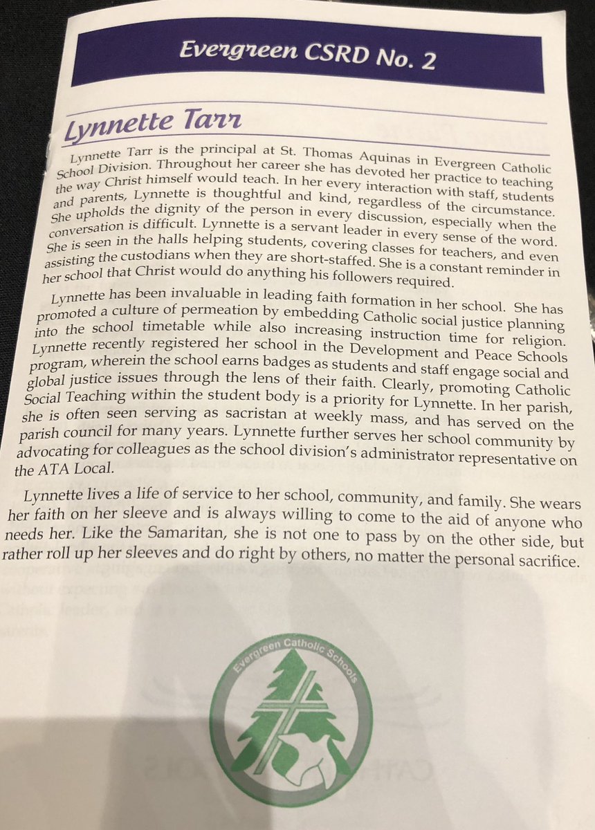 Our <a href="/EvergreenCSSD/">Evergreen Catholic Schools</a> proud recipient of the #CCSSAExecellenceinCatholicEducation award! - <a href="/LynnTarr/">Lynnette Tarr</a> #ecssdPEACE #servantleader