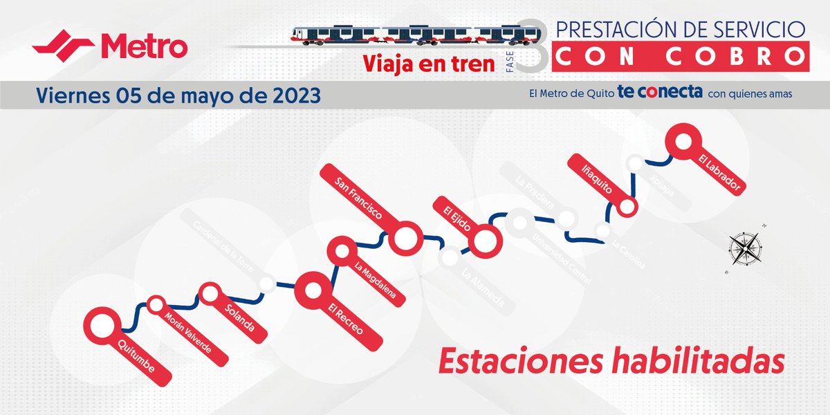 MetrodeQuito's tweet photo. #Atenci��n 📣 Te informamos las  estaciones habilitadas mañana viernes 5 de mayo: 
Quitumbe, Morán Valverde, Solanda, El Recreo, La Magdalena, San Francisco, El Ejido, Iñaquito, El Labrador. 

El #MetroTeConecta con quienes amas 💓 https://t.co/c0giGpEeHD