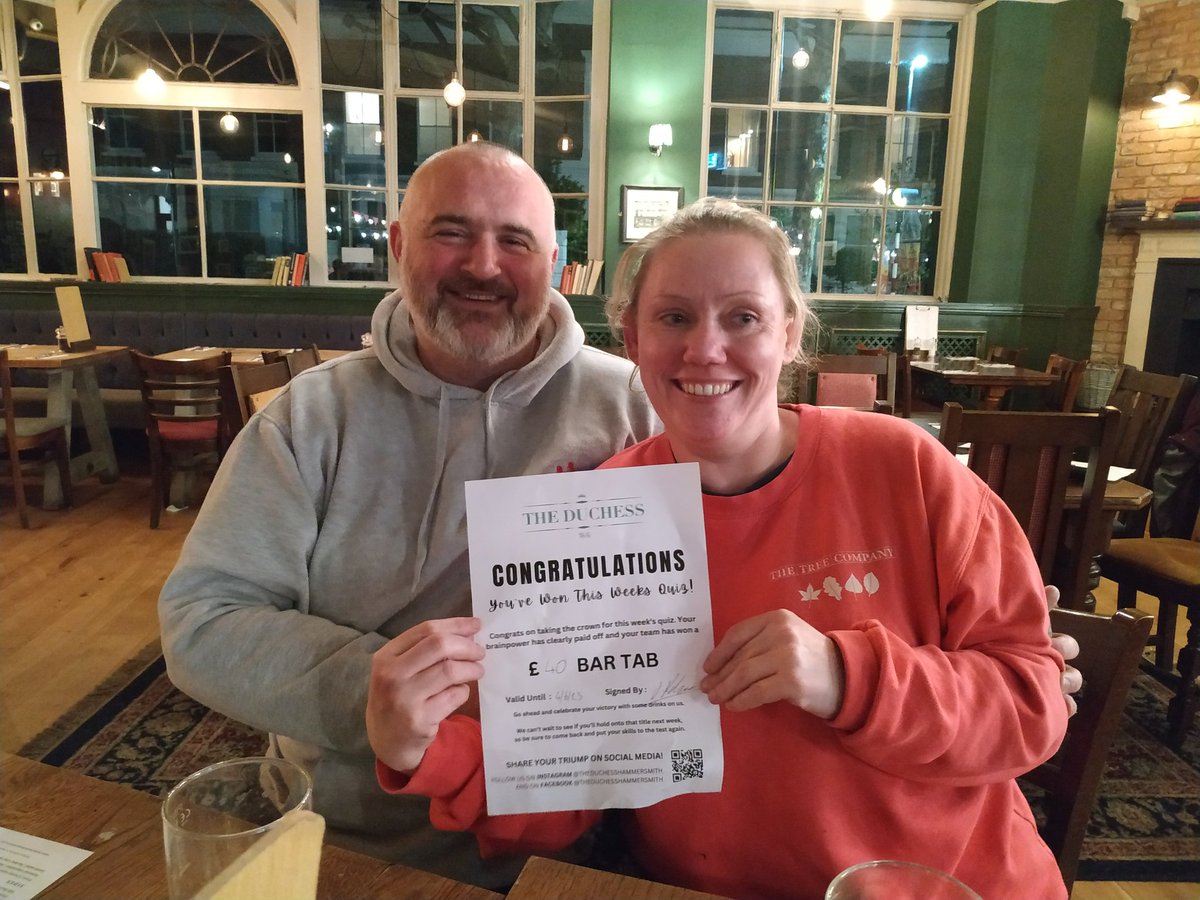 shibi1999's tweet photo. Three cheers for “King+Queen of Chiswick” for winning last night’s @CompleatQuiz at @ The Duchess! Please find attached their triumphant smiles :) https://t.co/rjzQBRq9Rv