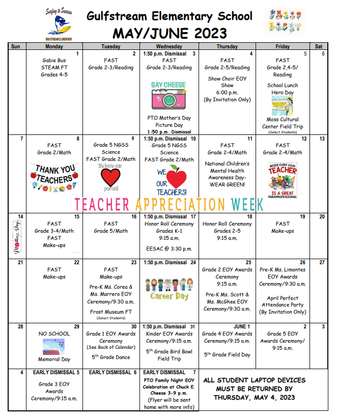 GulfstreamES's tweet photo. May/June Calendar of Events 2023 #GulfstreamES @MDCPSSouth @MDCPS @MDCPSCommunity @SuptDotres https://t.co/1CW42LYyCF