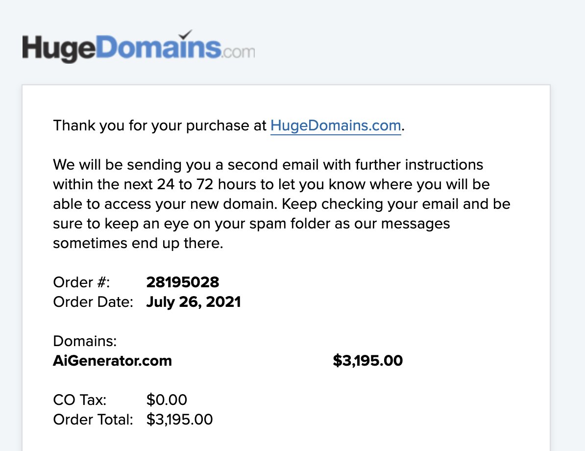 AI has been blowing up and along with it, the value in AI related domain names.

I'm happy to announce the sale of AIGenerator.com for $81,675 ($75k after broker commission) earlier this year. I purchased it for $3,195 from HugeDomains in July 2021.

#AI #ChatGPT #Domains