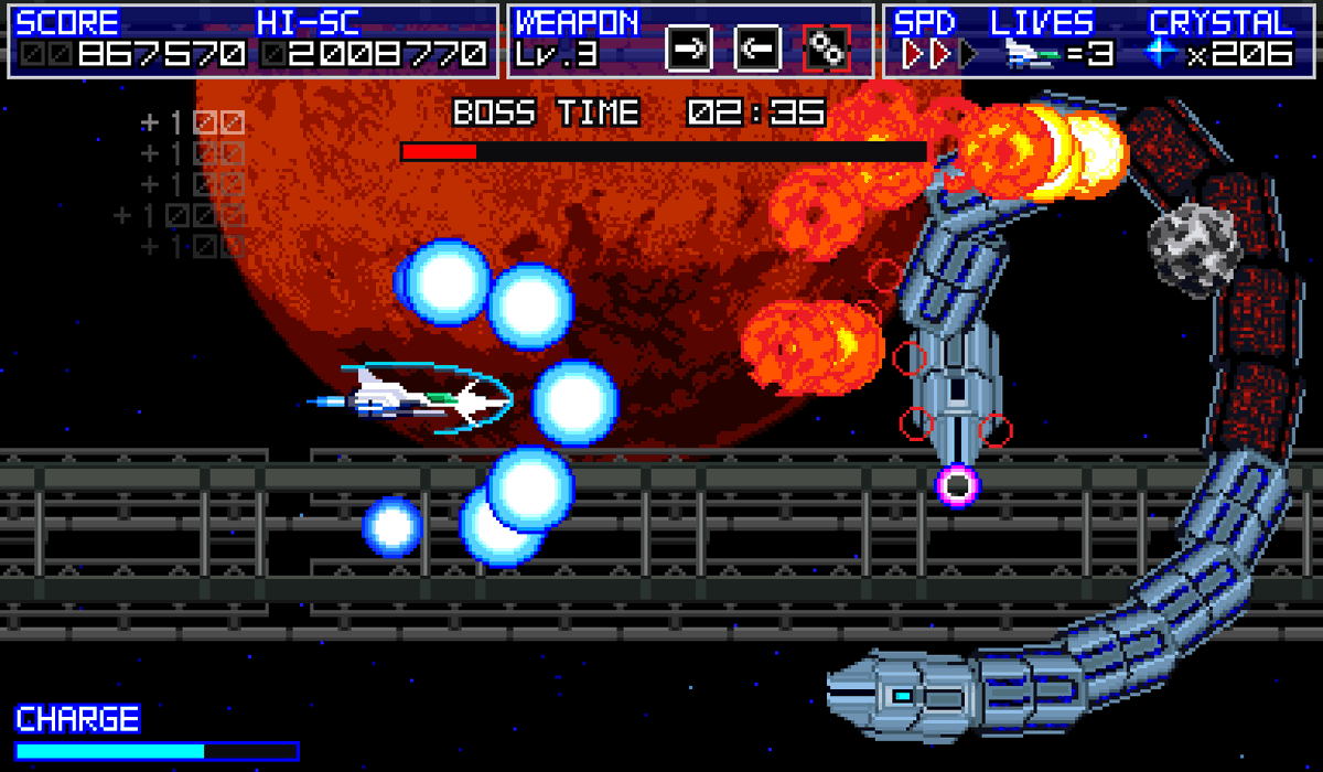 Terarin55's tweet image. ハイスピード横スクロールＳＴＧ！「Terra Flame（テラフレイム）」好評発売中！

懐かしいスタイルだけど遊びやすさは現代的な、爽快感溢れるＳＴＧです。ぜひ遊んでみてくださいね！

キャラバンモード搭載、オンラインランキング対応

store-jp.nintendo.com/list/software/…

#NintendoSwitch #TerraFlame